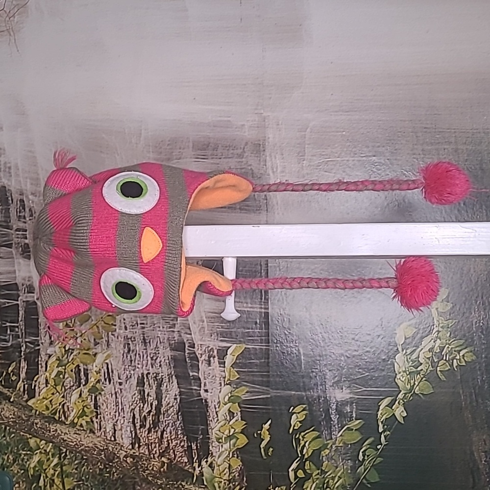 Kids Girls Owl animal winter knit hat with pom pom tassels pink gray